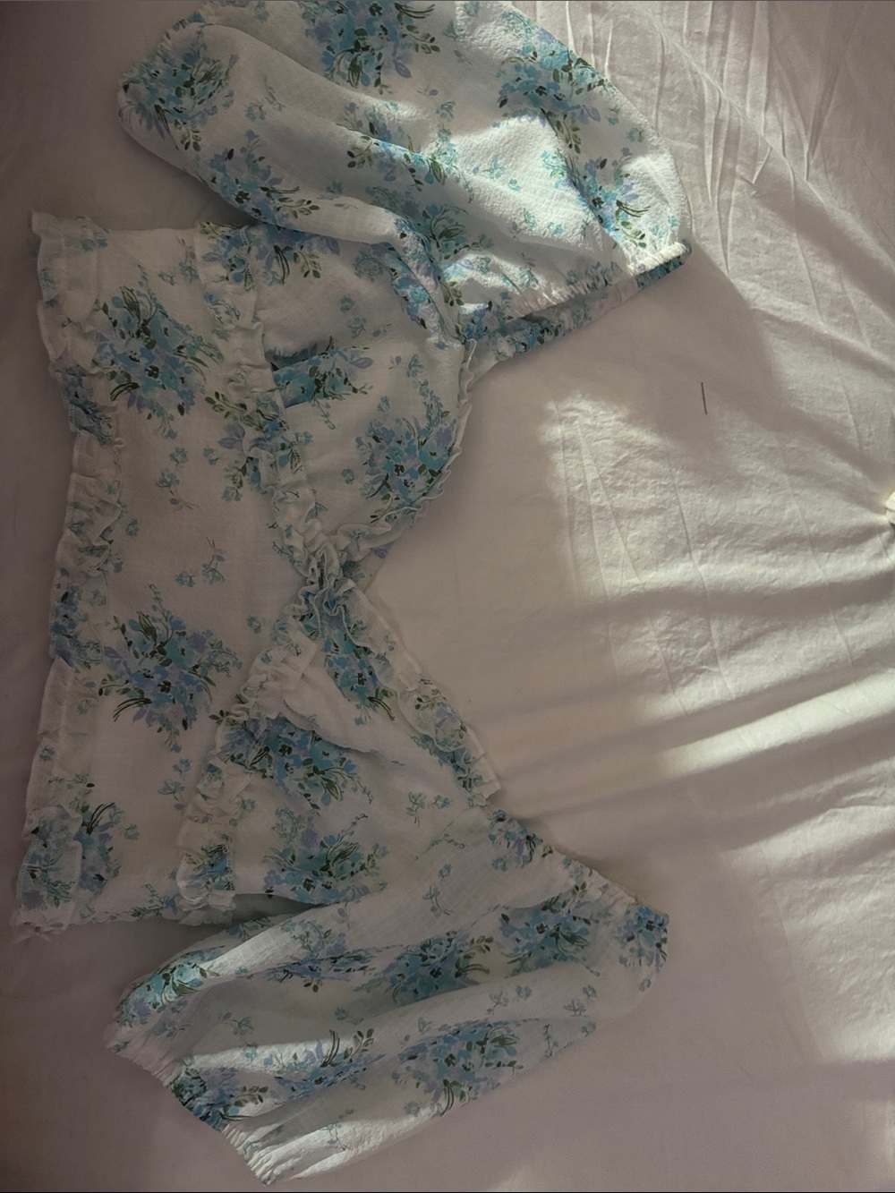 Altar'd State White Floral Ruffle Blouse with Blue & Green Print